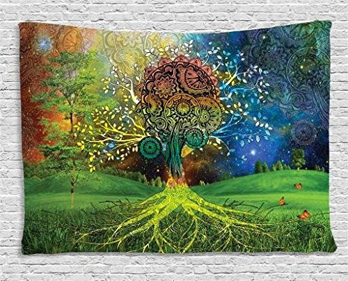 Ambesonne Ethnic Tapestry, Tree in the Valley with Spiral Branch Balance in Mother Earth Zen Art Illustration, Wall Hanging for Bedroom Living Room Dorm, 80 W X 60 L Inches, Green Blue