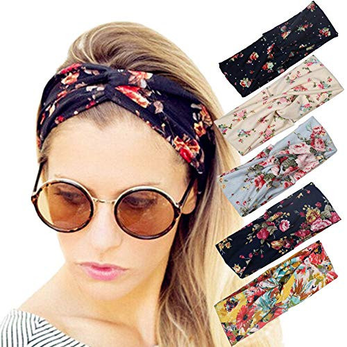 Victray Boho Turban Knotted Headband Flower Elastic Wide Head Wrap Printed Hairbands Fashion Hair Accessories for Women and Girls  Pack of 5