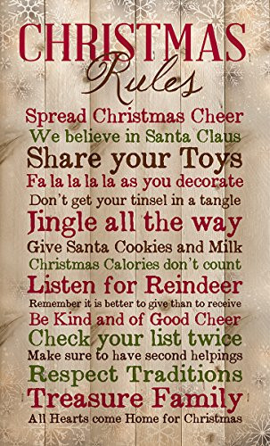 Christmas Rules Family Cheer Snowflakes 15 x 9 inch Pine Wood Plank Wall Sign Plaque