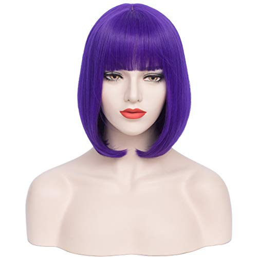 PATTNIUM 12 Inches Short Straight Bob Purple Wig with Bangs for Women Rose Net Synthetic Wig Cosplay Halloween Party Wigs Dark Purple PATTNIUM 12 Inches Short Straight Bob Purple Wig with Bangs for Women Rose Net Synthetic Wig Cosplay Halloween Party Wigs Dark Purple