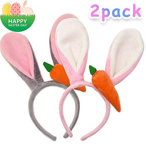 Easter Bunny Ears Headband Kids Women 2 Pcs Plush Rabbit Headband with Carrot for Easter Party Favor Costume Accessories Pink