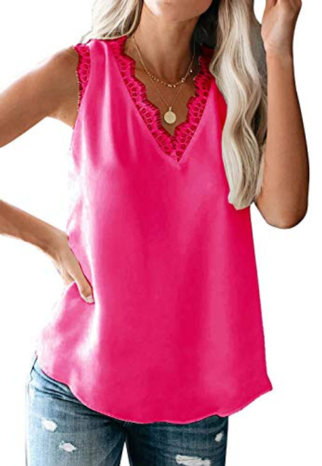 Women s V Neck Lace Trim Tank Tops Casual Loose Sleeveless Blouse Shirts Hot Pink Women s V Neck Lace Trim Tank Tops Casual Loose Sleeveless Blouse Shirts Hot Pink