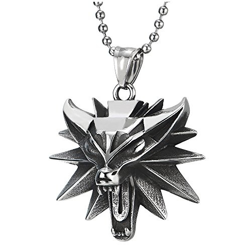 COOLSTEELANDBEYOND Mens Women Vintage Steel Roaring Fox Head Pendant Necklace  30 inches Ball Chain  Punk Rock