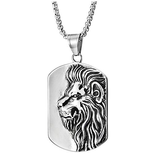 COOLSTEELANDBEYOND Men Women Stainless Steel Vintage Convex King Lion Head Dog Tag Pendant Necklace  30 in Wheat Chain