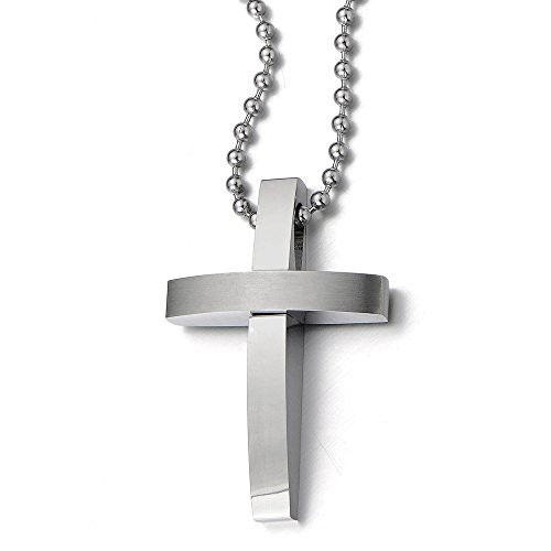 COOLSTEELANDBEYOND Minimalist Mens Women Cross Pendant Necklace Stainless Steel with 23 6 inches Steel Ball Chain
