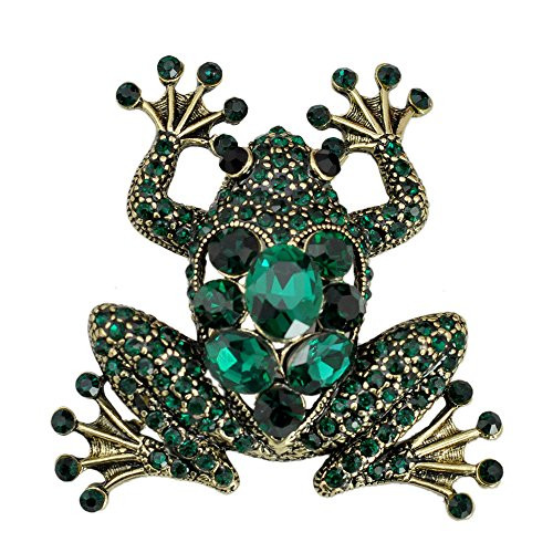 Gyn Joy Brass Tone Peridot Green Colored Rhinestone Crystal Frog Brooch Pin Vintage Animal Jewelry BZ059