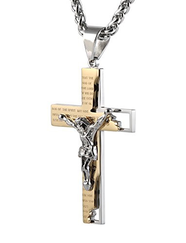 HZMAN Men s Stainless Steel Cross Crucifix Bible Prayer Pendant Necklace 22 2  Chain Gold