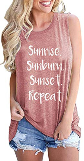 Country Music Vacation Shirt Sunrise Sunburn Sunset Repeat Tank Tops Women s Vest Tees Letter Graphic Summer Shirts  S  Pink