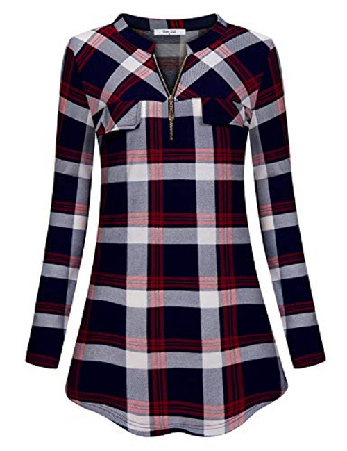 Diphi LiLi Long Sleeve Blouses Women Office Ladies Plaid Tunic Loose Flattering Peasant Maternity Jersey Tartan Checkered T Shirt Casual Business Clothing Wine Medium