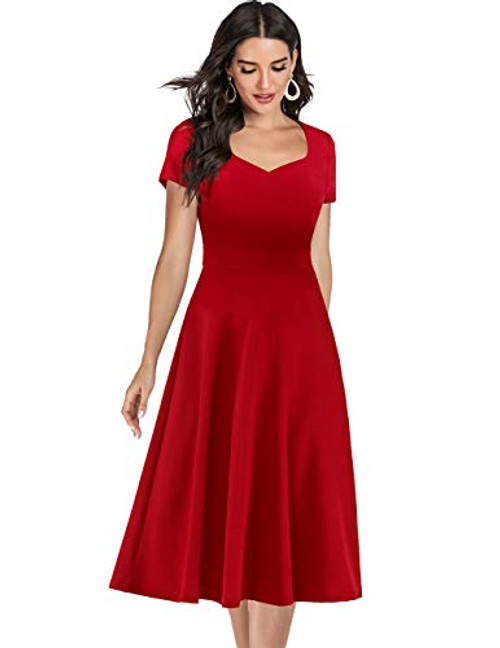 Bridesmay Women s V Neck Vintage Tea Dress Prom Party Swing Cocktail Bridesmaid Midi Dress Red S