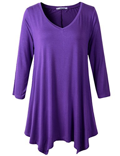 JollieLovin Womens Plus Size 3 4 Sleeve V Neck Flowy T Shirt Casual Swing Tunic Top  L  E DEEP Purple