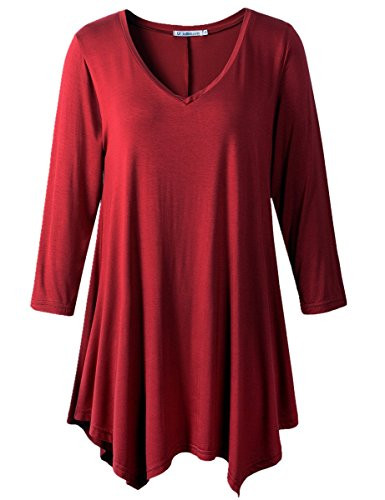 JollieLovin Womens Plus Size 3 4 Sleeve V Neck Flowy T Shirt Casual Swing Tunic Top  2X  D Wine RED
