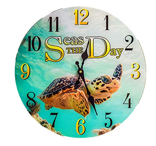 New 13"X 13" Seas The Day Turtle Glass Wall Clock Home Wall Decor Marine Coastal Nautical