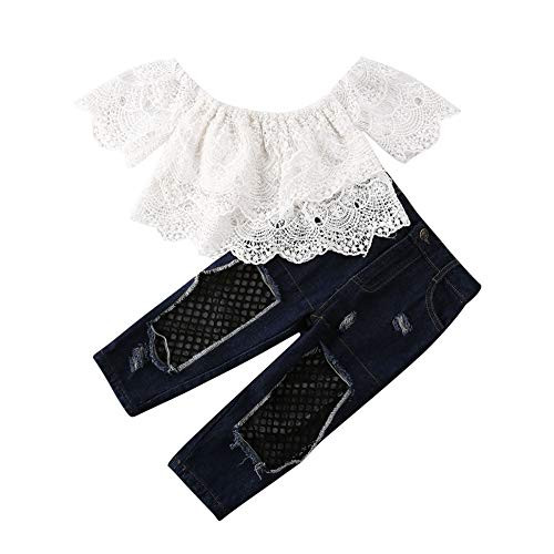 Toddler Baby Girl Outfit Shoulder Off Lace Crop Top Ripped Hole Denim Jeans Pants 2Pcs Clothes Set  White   Blue 2 3T