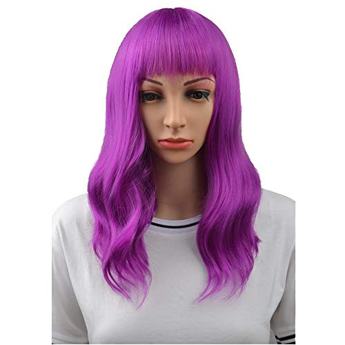 BERON 16  Womens Short Curly Wavy Wig with Bangs Synthetic Hair Party Wigs Wig Cap Included  Dark Purple