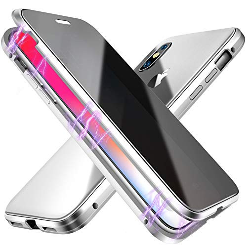 ESTPEAK Anti peep Magnetic Case for iPhone XR Anti Peeping Magnetic Adsorption Double Sided Privacy Screen Protector Clear Back Metal Bumper Antipeep Anti Spy Phone Cases Cover for iPhone XR Silver