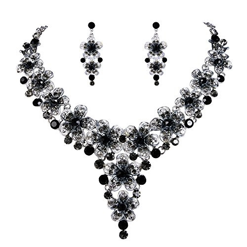 BriLove Wedding Bridal Necklace Earrings Jewelry Set Crystal Multi Hibiscus Flower Enamel Statement Necklace Dangle Earrings Set Grey Black Silver Tone BriLove Wedding Bridal Necklace Earrings Jewelry Set Crystal Multi Hibiscus Flower Enamel Statement Necklace Dangle Earrings Set Grey Black Silver Tone