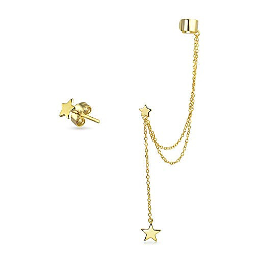 Engravable USA Patriotic Star Celestial Double Chain Ear Lobe Cartilage Earring Clip On Helix Linear Long Chain Band Wrap Ear Cuff Stud Earring Set 14K Gold Plated  925 Sterling Silver