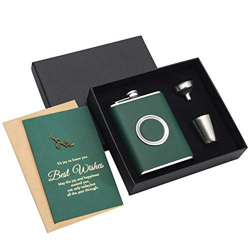 KWANITHINK Hip Flask Gift Set  Stainless Steel Shot Flask 8oz with 2 oz Collapsible Shot Glass   Funnel  Ideal Whiskey Flask Thanksgiving Gift for Dad Man Boyfriend  Including Greetings Cards