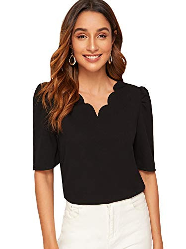 Floerns Women s Scalloped V Neck Short Puff Sleeve Blouse Top Black R S