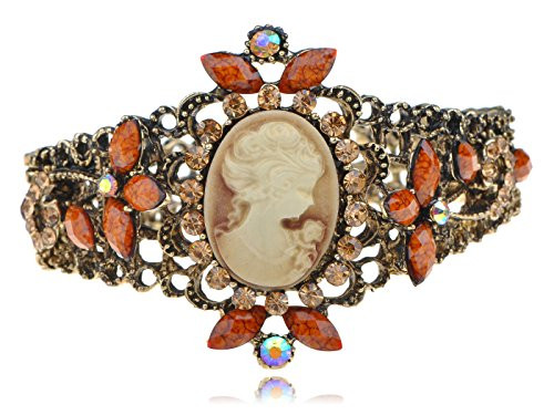 Alilang Womens Antique Brass Tone Shine Topaz Crystal Rhinestones Vintage Inspired Victorian Cameo Lady Cuff Bangle Bracelet