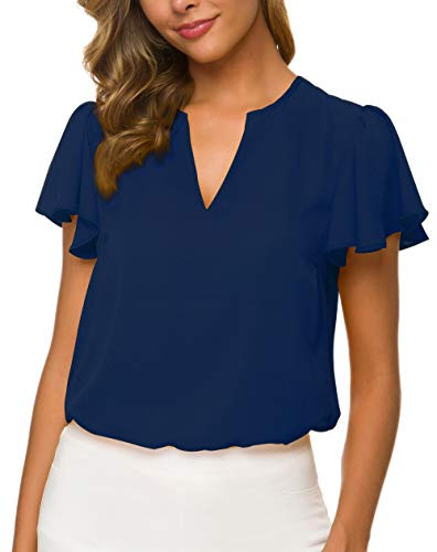 Womens Casual Ruffled V Neck Chiffon Blouse Short Sleeve Office Work Elegant Summer Shirt Vintage Loose Fit Tops Navy XL