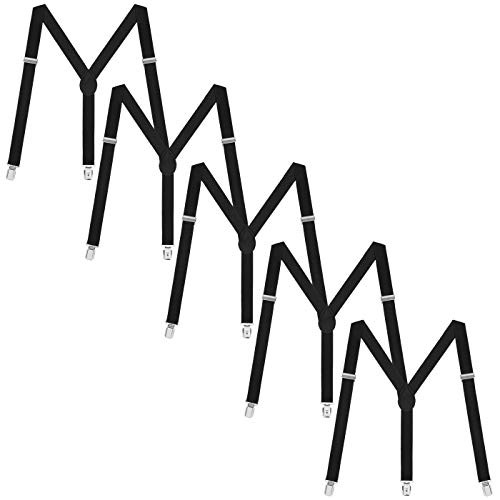 HDE 5 Pack Solid Color Straight Y Back Clip Suspenders   1 Inch Wide  Black  42 inches