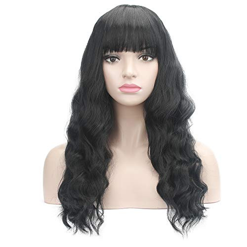 YOPO Wig Long Wavy Curly Wigs for Women Synthetic Halloween Cosplay Costume Party Full Daily Wig  Heat Resistant Wigs  Black with bangs