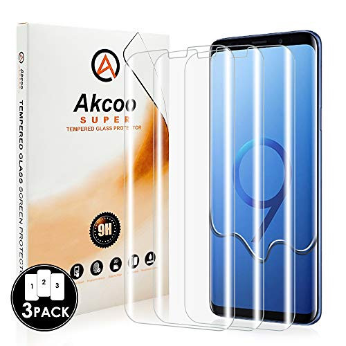 3 Pack Galaxy S9 Plus Tempered Glass Screen Protector Akcoo 3D Curved Full Screen Adhesive S9 plus Glass film Full Cover Version  Touch sensitive  Case Friendly