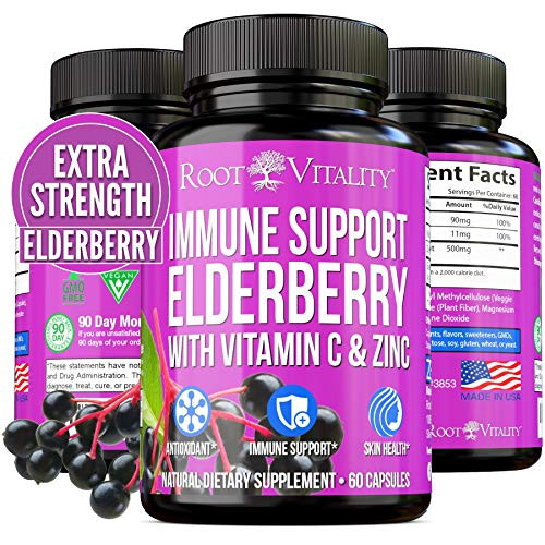 Root Vitality Elderberry Capsule   Immune Support Supplement   with Zinc and Vitamin C   Black Elderberry Pills for Adults   Sambucus Elderberry Extract  Immune Booster  2 Month Supply  60 Capsules