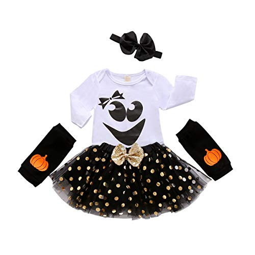 Baby Girl My 1st Halloween Outfits Long Sleeve Pumpkin Romper Tutu Skirt Headband Leg Warmer 4Pcs Clothes Set Black  0 6 Months