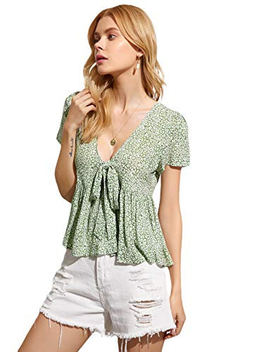 SheIn Women s Summer Short Sleeve V Neck Top Tie Front Ruffle Hem Blouse Green X Small