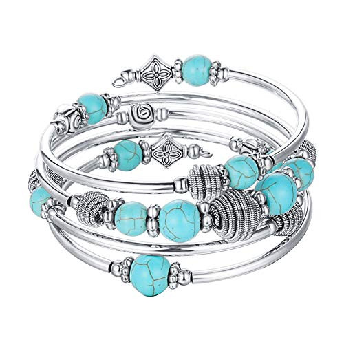 PEARL CLUB Beaded Chakra Bangle Turquoise Bracelet   Fashion Jewelry Wrap Bracelet with Thick Silver Metal and Mala Beads  Birthday Gifts for Women  A Turquoise