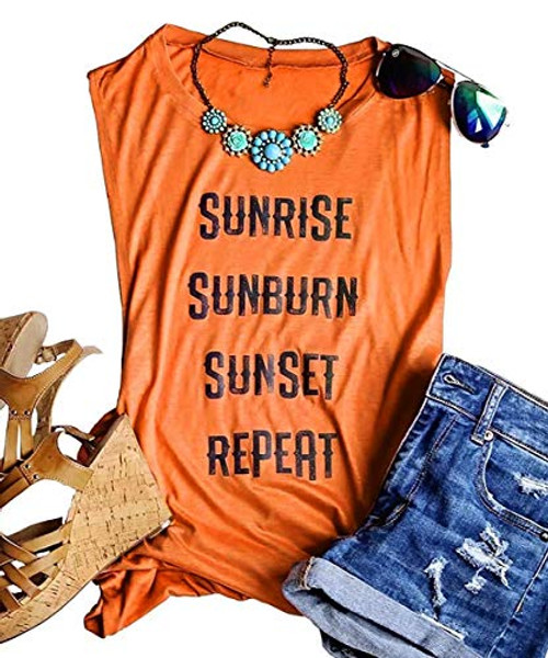 Country Music Vacation Shirt Sunrise Sunburn Sunset Repeat Tank Tops Women s Vest Tees Letter Graphic Summer Shirts  Medium  Orange