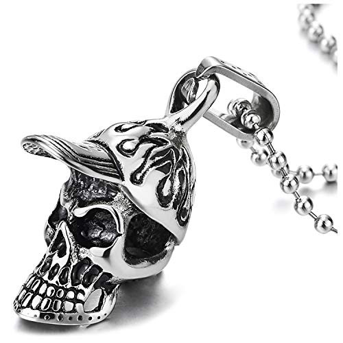 COOLSTEELANDBEYOND Mens Steel Cap Skull Pendant Necklace  30 inches Ball Chain  Hip Hop Rock Punk Retro Style