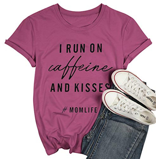 Mom Life Shirt I Run On Caffeine and Kisses Tshirt Women Funny Letters Print Tees Shirt Casual Mama Shirts Tops  Purple  L Mom Life Shirt I Run On Caffeine and Kisses Tshirt Women Funny Letters Print Tees Shirt Casual Mama Shirts Tops  Purple  L