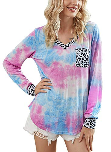 Tie Dye Shirt for Women Leopard Print V Neck Gradient T Shirt Short Sleeve Rainbow Patchwork Summer Casual Tee Tops  Purple  Medium