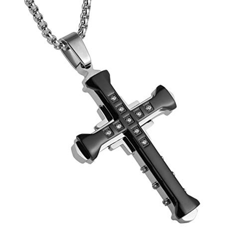 HZMAN Men s Stainless Steel Cross Necklace Inlaid Cubic Zirconia Simple Fashion Pendant Gold Silver Black 22   2 Inch Chain