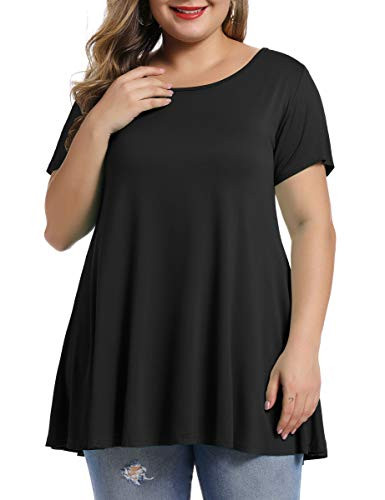 MONNURO Womens Short Sleeve Casual Loose Fit Flare Swing Tunic Tops Basic T Shirt Plus Size Black  3X