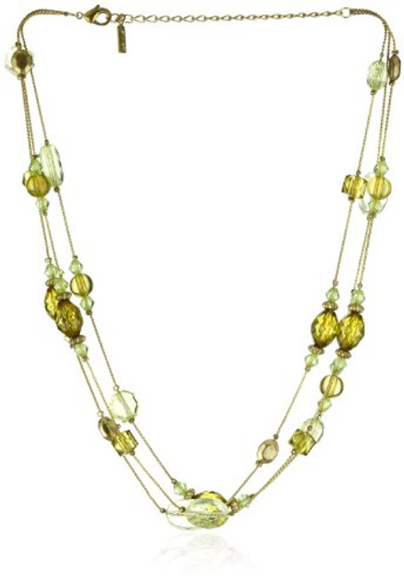 1928 Jewelry Green and Brass Triple Strand Necklace