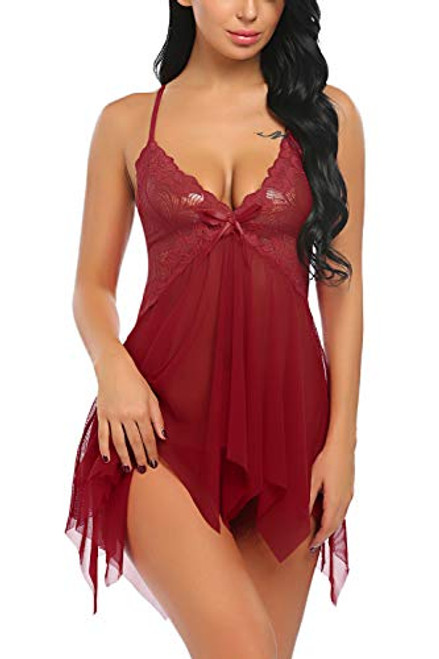 Avidlove Women Lingerie Lace Babydoll V Neck Sleepwear Strap Chemise  Dark Red  X Large