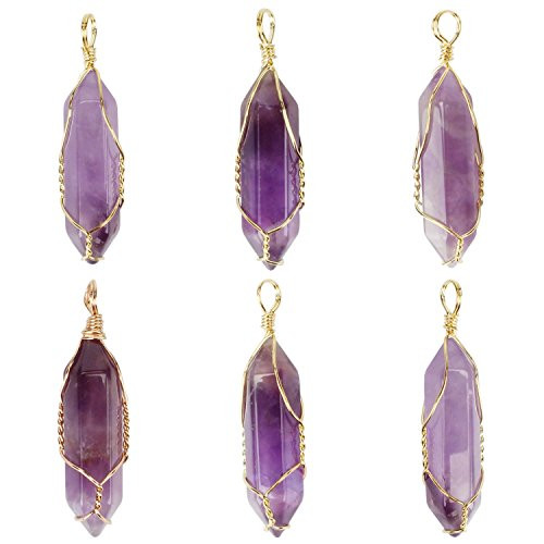 SPUNKYCHARMS Wholesale 6 PCS Natural Quartz Crystal Pendant Handmade Wire Wrapped Quartz Healing Chakra Reiki Charm Bulk for Jewelry Making  Amethyst Quartz 