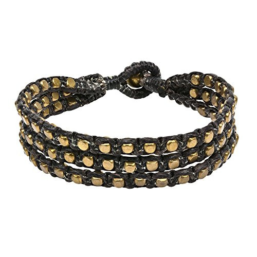 AeraVida Blissful Strands Cubic Fashion Brass Beads Black Cotton Wax Rope Strand Bracelet