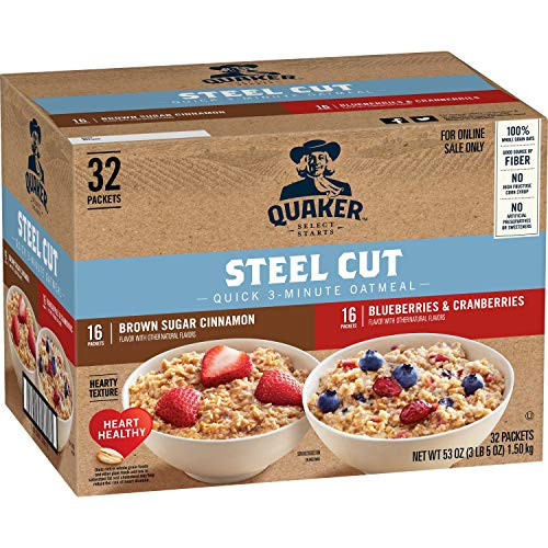 Quaker Steel Cut Quick 3 Minute Oatmeal  2 Flavor Variety Pack  Individual Packets  32 Count