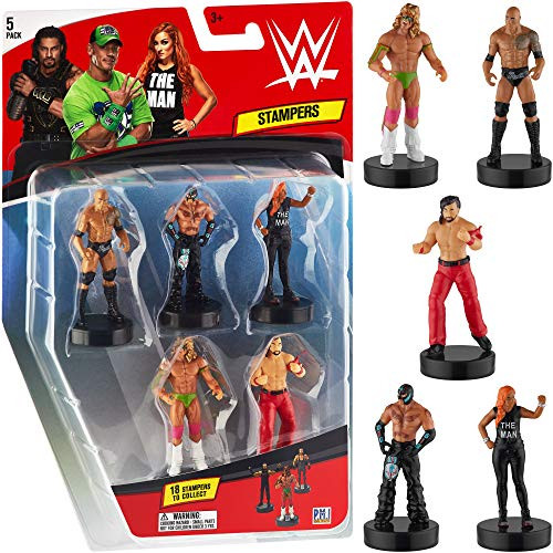 WWE Superstar Stampers  Set of 5   Self Inking WWE Superstars for Crafts  Party Decor  Cake Toppers Gifts   Ultimate Warrior  Rey Mysterio  The Rock  and More by PMI  2 3 2 5 in  Tall