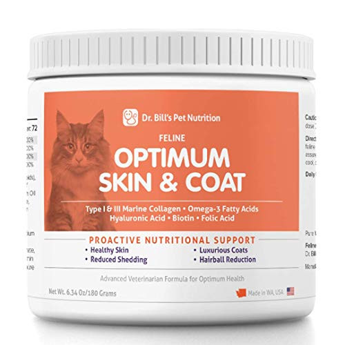 Dr  Bills Feline Optimum Skin   Coat  180g   Healthy Fur for Cats  Reduce Shedding and Hairballs with Biotin  Type I   III Marine Collagen  Omega 3 Fatty Acids  Hyaluronic Acid    Folic Acid