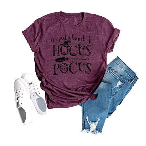 Its Just A Bunch of Hocus Pocus T Shirt for Women Halloween Short Sleeve Fall Top Tees  Purple XL