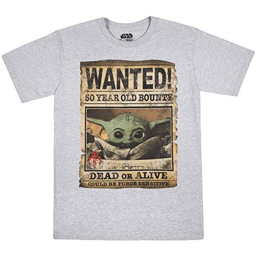 Star Wars Men s Baby Yoda Child Mandalorian Wanted Poster T Shirt  Heather Grey  Extra Large