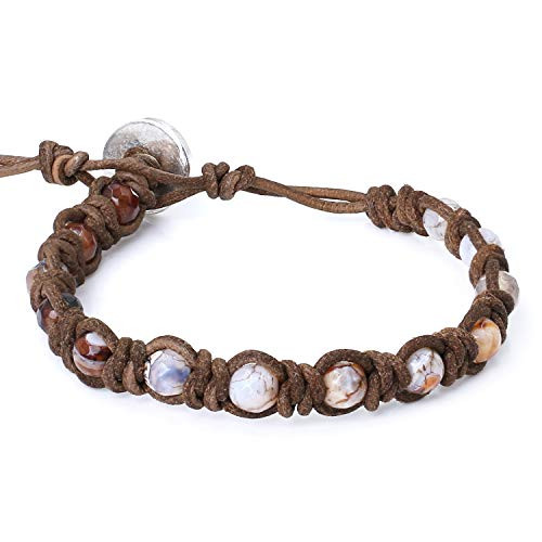 KELITCH Orange Crystal Crazy Agate Mix Beaded Wrap Bracelet Handmade Natural Leather Strand Cuff Bracelets New Women Men Gifts