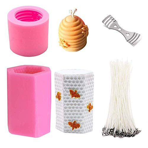3D Bee Honeycomb Candle Molds with 50Pcs Low Smoke Candle Wicks  Hexagon Beehive Silicone Molds for Making Beeswax Candles Soaps Lotion Bars Bath Bombs  Set of 2